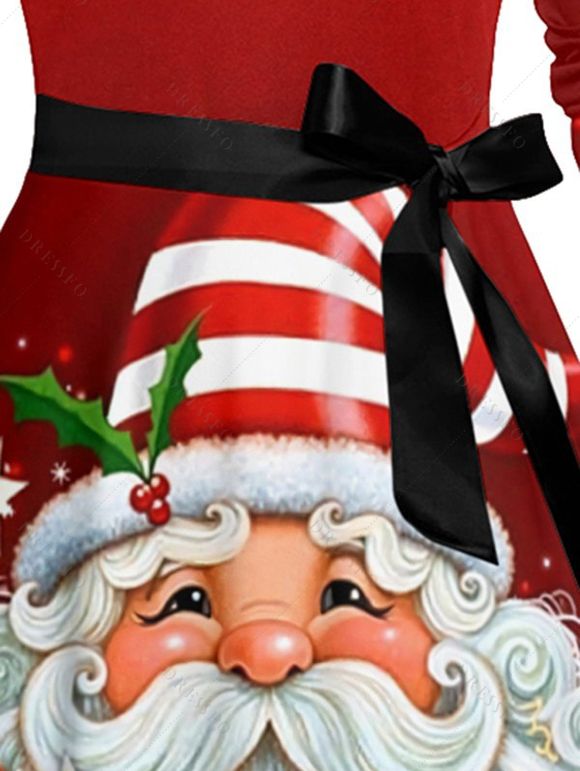 Robe Mi-Longue Ligne A Ceinturée Croisé Père Noël Imprimé à Taille Haute - Rouge L | US 8-10