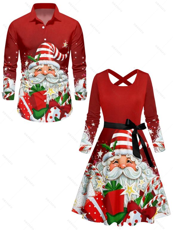 Santa Claus Print Crisscross Bowknot Belted Dress and Button Up Xmas Shirt Outfit - Rouge S | US 4