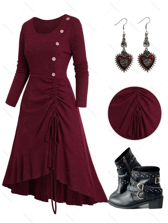 Cinched Flounce Mock Button Midi Knit Dress And Zip Up Chunky Heel Punk Boots Gothic Rose Drop Earrings Outfit - Rouge foncé S | US 4