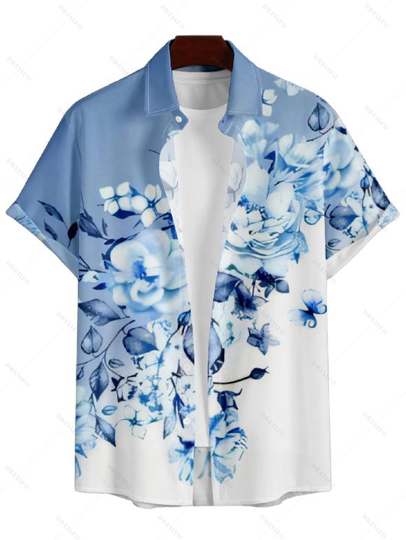 Chemise Décontractée Fleurie Imprimée Boutonnée à Manches Roulées pour Homme - Bleu clair L