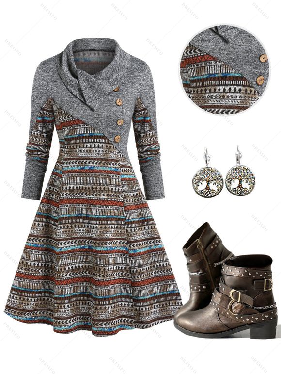 Ethnic Geometric Heathered Mock Button Dress And Rivet Buckle Strap Chunky Heel Punk Boots Life Tree Hoop Earrings Outfit - café S | US 4