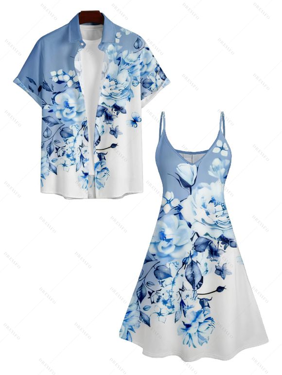 Floral Print V Neck Spaghetti Strap Dress and Button Up Short Sleeve Casual Shirt Outfit - Bleu clair S | US 4