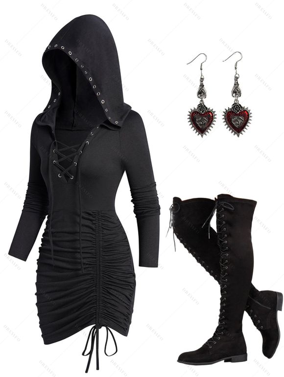 Gothic Lace Up Cinched Ruched Mini Hooded Dress And Over The Knee Boots Drop Earrings Outfit - Noir S | US 4