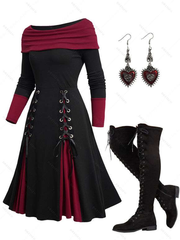 Gothic Off The Shoulder Contrast Patchwork Lace Up Dress And Over The Knee Boots Heart Rose Rivet Drop Earrings Outfit - Noir S | US 4