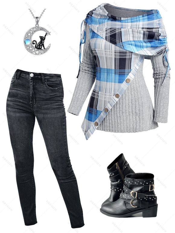 Plaid Print Panel Mock Button Cinched Ribbed Knit Top And Dark Wash Zip Fly Pencil Jeans Chunky Heel Punk Boots Moon Cat Chain Necklace Outfit - Bleu clair S | US 4