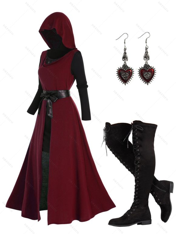 Colorblock High Split Belted Long Sleeve Hooded Dress Set And Lace Up Over The Knee Boots Heart Shape Drop Earrings Outfit - Rouge foncé S | US 4