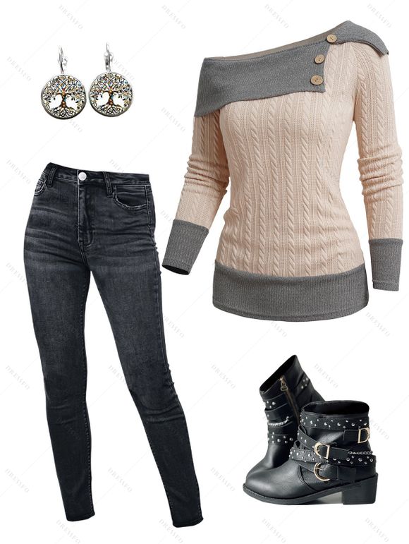 Two Tone Skew Collar Cable Knit Sweater And Dark Wash Zip Fly Pencil Jeans Chunky Heel Boots Life Tree Hoop Drop Earrings Outfit - café lumière S | US 4