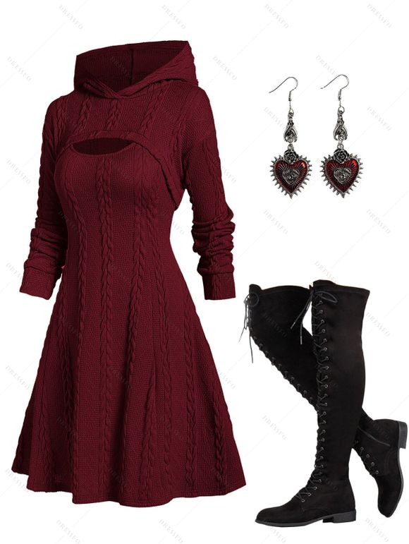 Hooded Cable Knit Arm Warmer Sweater Mini Dress And Lace Up Over The Knee Boots Gothic Rose Drop Earrings Outfit - Rouge foncé S | US 4