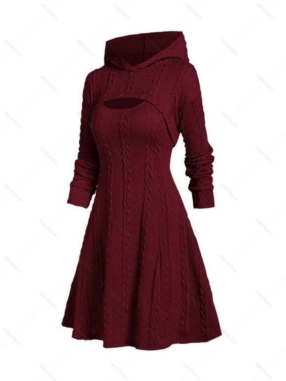 Hooded Cable Knit Arm Warmer Sweater Mini Dress And Lace Up Over The Knee Boots Gothic Rose Drop Earrings Outfit - Rouge foncé S | US 4