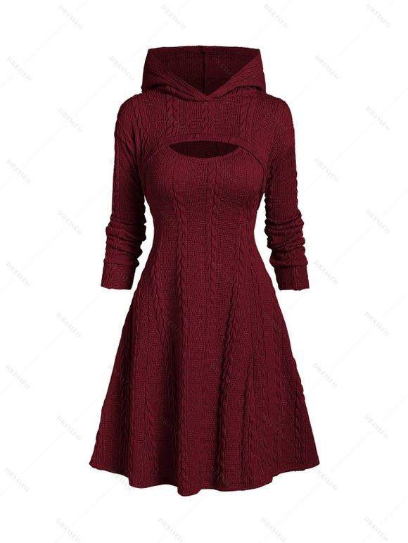 Hooded Cable Knit Arm Warmer Sweater Mini Dress And Lace Up Over The Knee Boots Gothic Rose Drop Earrings Outfit - Rouge foncé S | US 4
