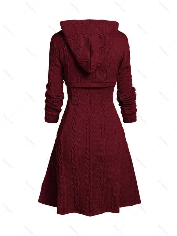 Hooded Cable Knit Arm Warmer Sweater Mini Dress And Lace Up Over The Knee Boots Gothic Rose Drop Earrings Outfit - Rouge foncé S | US 4