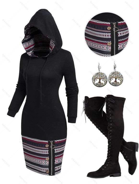 Tribal Print Patchwork Hooded Drawstring Dress And Lace Up Over The Knee Boots Life Tree Pattern Hoop Drop Earrings Outfits - Noir S | US 4