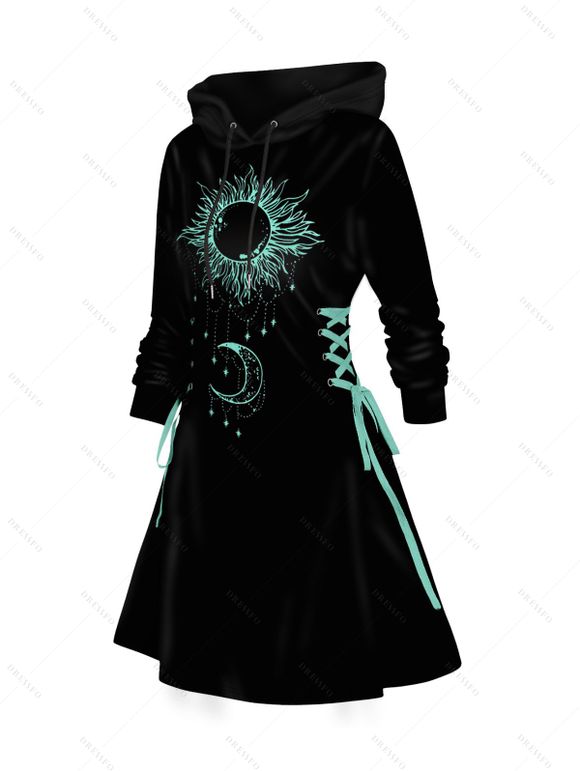 Mini Robe à Capuche Contrasté Lune et Soleil Imprimés à Lacets - Noir M | US 6