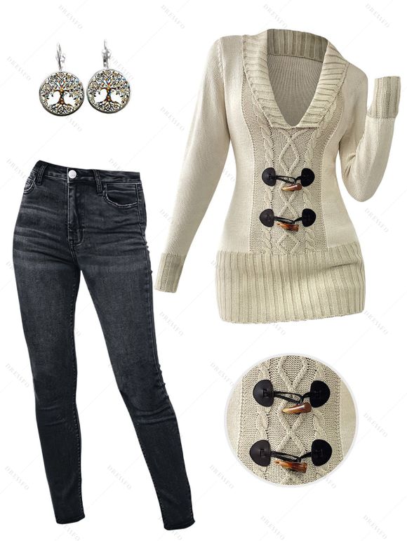 Contrast Color Mock Horn Button Plunge Neck Sweater And Dark Wash Zip Fly Pencil Jeans Life Tree Hoop Drop Earrings Outfit - Beige S | US 4