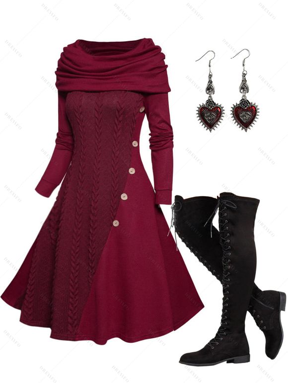 Foldover Cowl Neck Cable Knit Panel Mock Button Long Sleeve Knit Dress And Lace Up Over The Knee Boots Heart Shape Drop Earrings Outfit - Rouge foncé S | US 4