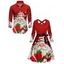 Santa Claus Print Crisscross Bowknot Belted Dress and Button Up Xmas Shirt Outfit - Rouge S | US 4