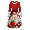 Santa Claus Print Crisscross Bowknot Belted Dress and Button Up Xmas Shirt Outfit - Rouge S | US 4