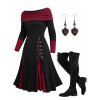 Gothic Off The Shoulder Contrast Patchwork Lace Up Dress And Over The Knee Boots Heart Rose Rivet Drop Earrings Outfit - Noir S | US 4