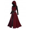 Colorblock High Split Belted Long Sleeve Hooded Dress Set And Lace Up Over The Knee Boots Heart Shape Drop Earrings Outfit - Rouge foncé S | US 4