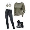 Round Neck Long Sleeve Knit Ribbed Top And Dark Wash Zip Fly Pencil Jeans Zip Up Chunky Heel Punk Boots Life Tree Drop Earrings Outfit - Vert profond S | US 4