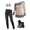 Two Tone Skew Collar Cable Knit Sweater And Dark Wash Zip Fly Pencil Jeans Chunky Heel Boots Life Tree Hoop Drop Earrings Outfit