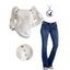 Cable Knit Mock Button Raglan Sleeve Sweater And Topstitching Pockets Zipper Fly Long Flare Jeans Moon Cat Chain Necklace Outfit - Blanc S | US 4