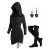 Gothic Lace Up Cinched Ruched Mini Hooded Dress And Over The Knee Boots Drop Earrings Outfit - Noir S | US 4