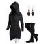 Gothic Lace Up Cinched Ruched Mini Hooded Dress And Over The Knee Boots Drop Earrings Outfit - Noir S | US 4