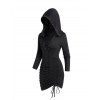 Gothic Lace Up Cinched Ruched Mini Hooded Dress And Over The Knee Boots Drop Earrings Outfit - Noir S | US 4