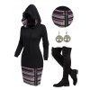 Tribal Print Patchwork Hooded Drawstring Dress And Lace Up Over The Knee Boots Life Tree Pattern Hoop Drop Earrings Outfits - Noir S | US 4