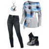 Plaid Print Panel Mock Button Cinched Ribbed Knit Top And Dark Wash Zip Fly Pencil Jeans Chunky Heel Punk Boots Moon Cat Chain Necklace Outfit