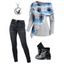 Plaid Print Panel Mock Button Cinched Ribbed Knit Top And Dark Wash Zip Fly Pencil Jeans Chunky Heel Punk Boots Moon Cat Chain Necklace Outfit - Bleu clair S | US 4