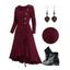 Cinched Flounce Mock Button Midi Knit Dress And Zip Up Chunky Heel Punk Boots Gothic Rose Drop Earrings Outfit - Rouge foncé S | US 4