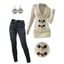 Contrast Color Mock Horn Button Plunge Neck Sweater And Dark Wash Zip Fly Pencil Jeans Life Tree Hoop Drop Earrings Outfit - Beige S | US 4