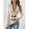 Contrast Color Mock Horn Button Plunge Neck Sweater And Dark Wash Zip Fly Pencil Jeans Life Tree Hoop Drop Earrings Outfit - Beige S | US 4