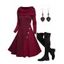 Foldover Cowl Neck Cable Knit Panel Mock Button Long Sleeve Knit Dress And Lace Up Over The Knee Boots Heart Shape Drop Earrings Outfit - Rouge foncé S | US 4