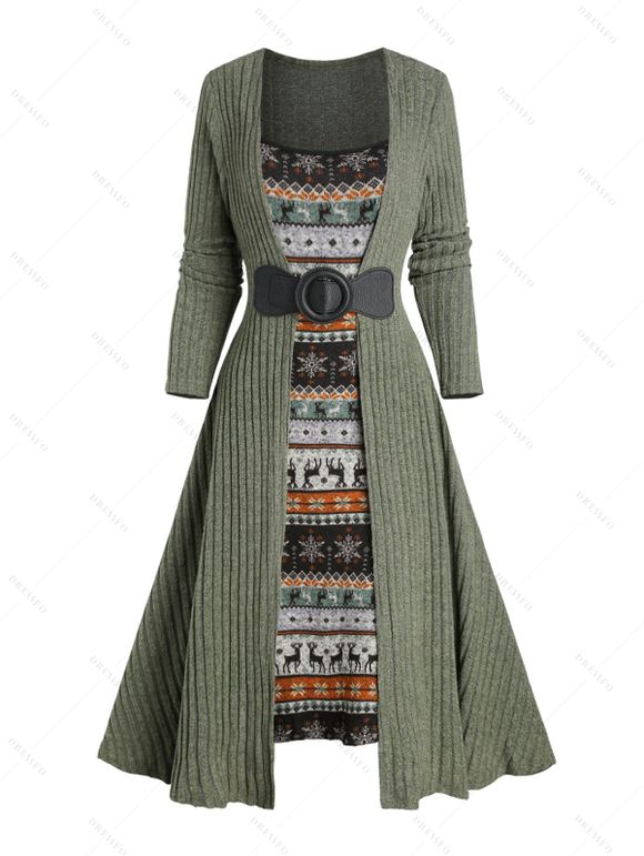 Robe en Tricot Côtelée avec Boucle en Jointif Imprimé Flocons de Neige et Élans de Noël - Vert clair S | US 4