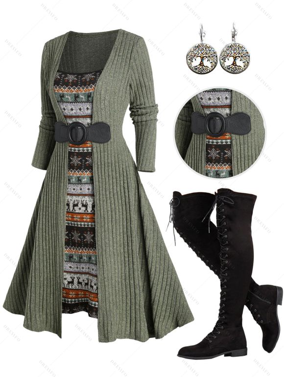 Christmas Buckled Ribbed Knit Faux Twinset Dress and Over The Knee Boots Life Tree Round Drop Earrings Outfit - Vert profond S | US 4