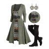 Christmas Buckled Ribbed Knit Faux Twinset Dress and Over The Knee Boots Life Tree Round Drop Earrings Outfit - Vert profond S | US 4