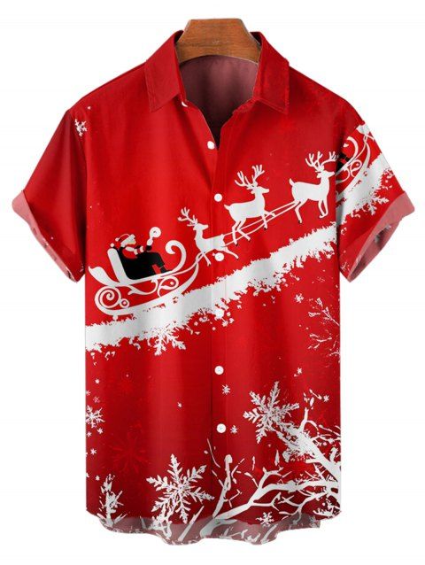 Christmas Santa Claus Elk Print Short Sleeve Shirt Button Up Turndown Collar Xmas Shirt