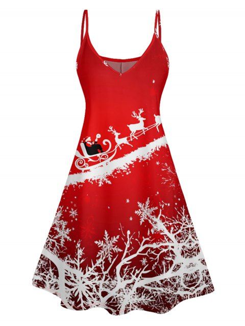 Santa Claus Elk Snowflake Print Christmas Dress Spaghetti Strap V Neck Xmas Dress