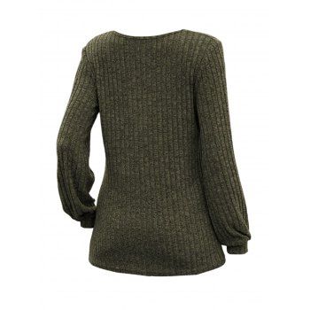 Half Button Ribbed Textured Lantern Sleeve Scoop Neck Top 