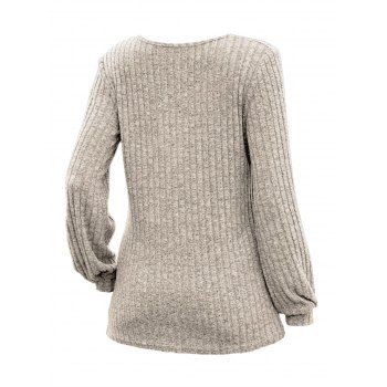 Half Button Ribbed Textured Lantern Sleeve Scoop Neck Top 