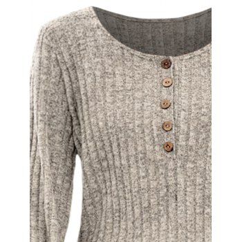 Half Button Ribbed Textured Lantern Sleeve Scoop Neck Top 