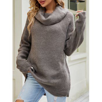 Solid Color Turtle Cowl Raglan Sleeve Loose Knit Sweater 