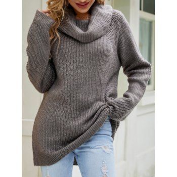 Solid Color Turtle Cowl Raglan Sleeve Loose Knit Sweater 