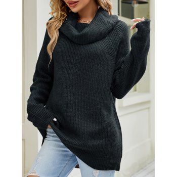 Solid Color Turtle Cowl Raglan Sleeve Loose Knit Sweater 