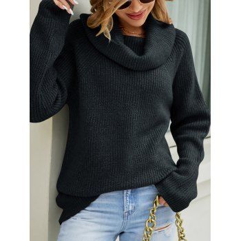 Solid Color Turtle Cowl Raglan Sleeve Loose Knit Sweater 