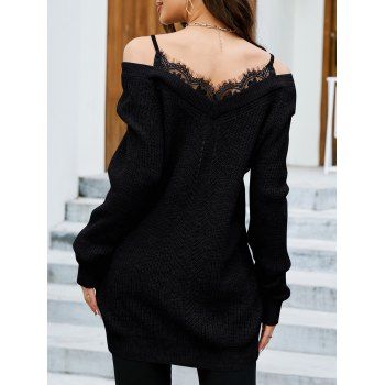 Eyelet Lace Patchwork Spaghetti Strap Raglan Sleeve V Neck Knit Sweater