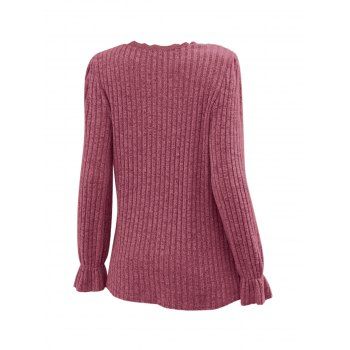 Poet Sleeve Ribbed Textured Scalloped Hem V Neck Top 